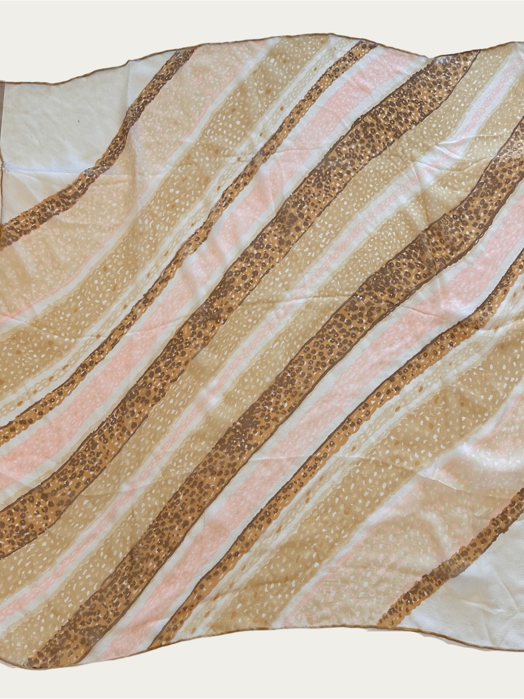 Animal Print Scarf Vintage Elegant Cream Brown Silk Diagonal Stripe